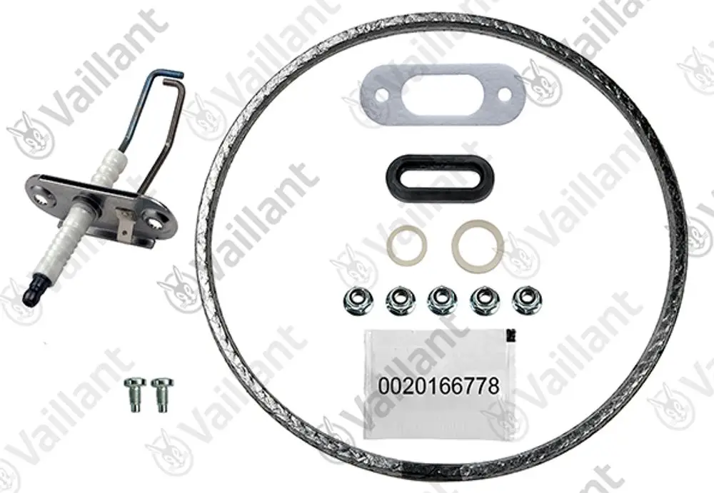 Vaillant Dichtungssatz mit Elektrode, Schrauben, Dichtungen und Montagematerial in einer Anordnung auf hellem Hintergrund.